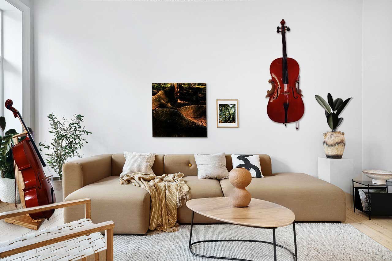 Suporte para Violoncelo em Madeira Maciça: Elegância Artesanal no Modelo de Parede e de Chão
