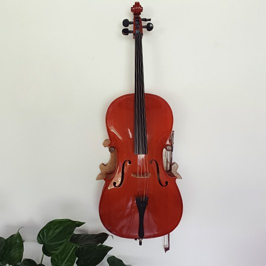 suporte de parede para violoncelo e arco em madeira