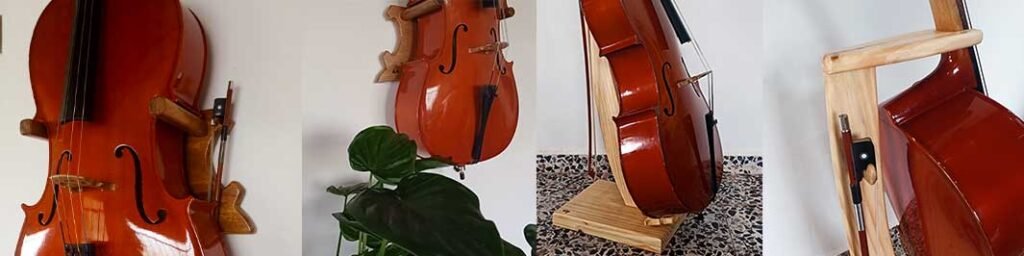 Detalhes que encantam sua casa ou seu estúdio. Suporte para violoncelo e arco em madeira produzidos no ateliê Liles Designer